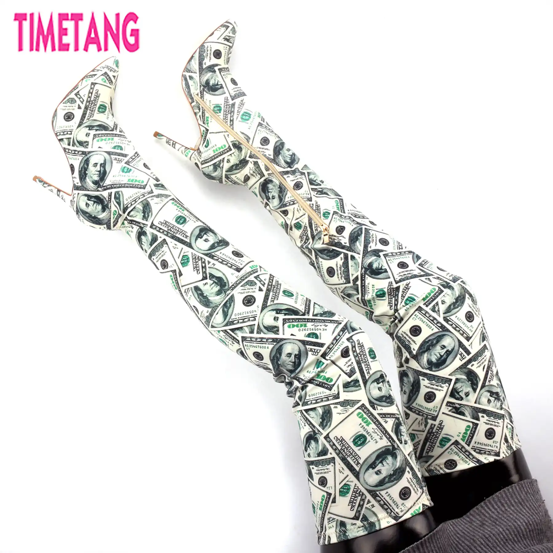 thigh high money print boots