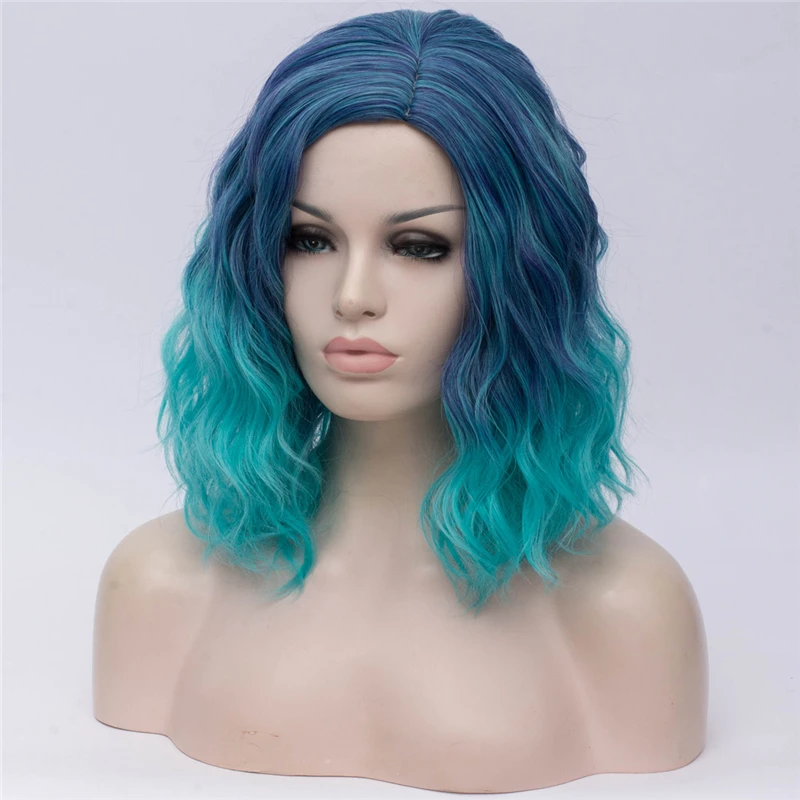 Woman Two Tone Short Purple Blue Wigs Short Curly 14 inch Synthetic Hair Wig for White Women Cosplay Bob Wigs