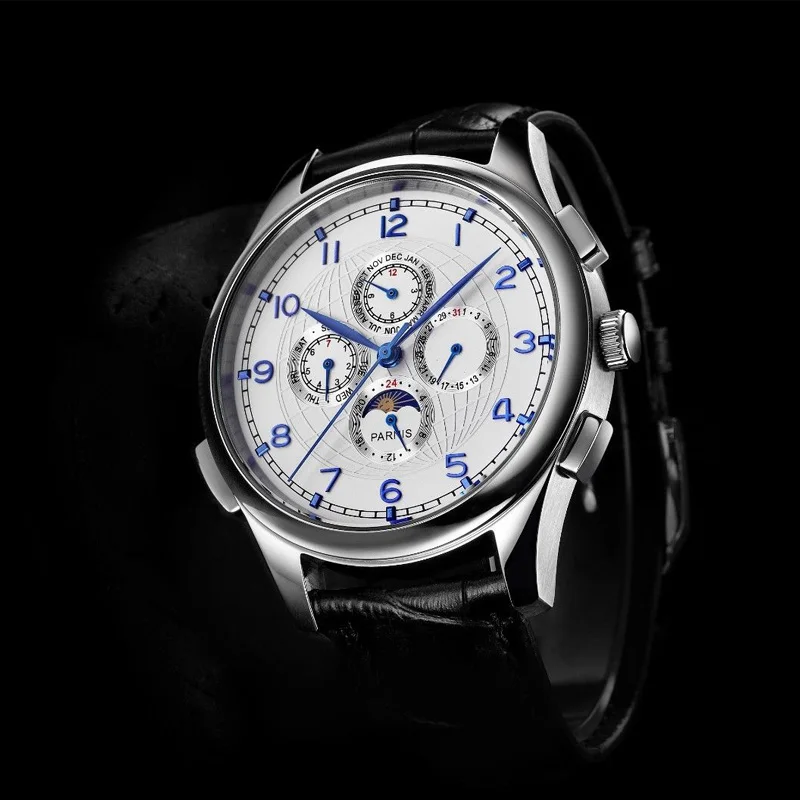 Parnis 44 мм белый циферблат Мужские часы Moon Phase SS чехол Черный Многофункциональный кожаный ремешок Автоматический ход Мужские t мужские s часы человек