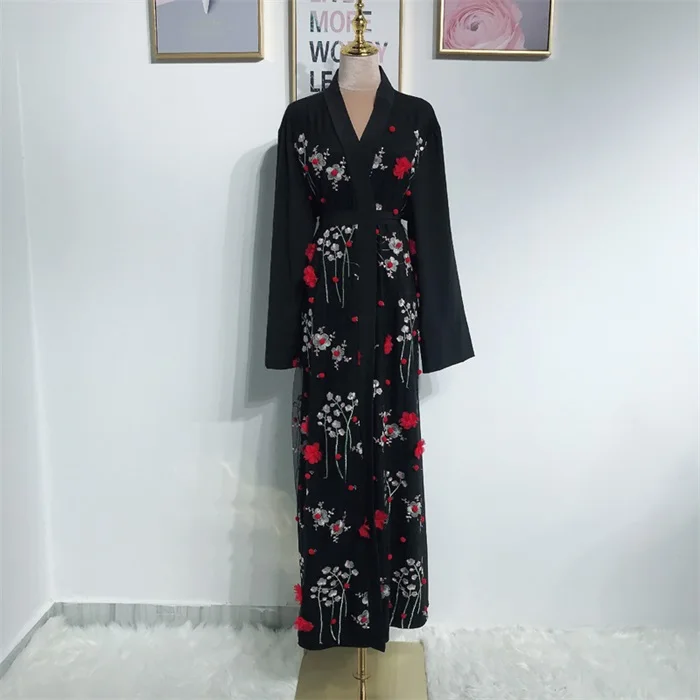 Siskakia 3D Цветочная вышивка абайя платье Ближний Восток турецкий Дубай Мода Jubah& кимоно сладкий розовый синий мусульманская Арабская одежда - Цвет: Black dress