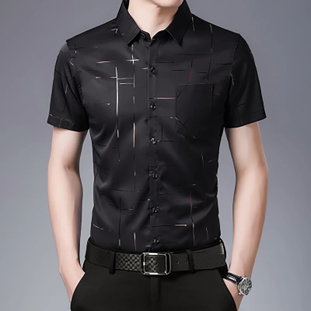 

New summer men's Short Sleeve Shirt Men's middle age ice silk no iron shirt Lapel Plaid casual summer thin