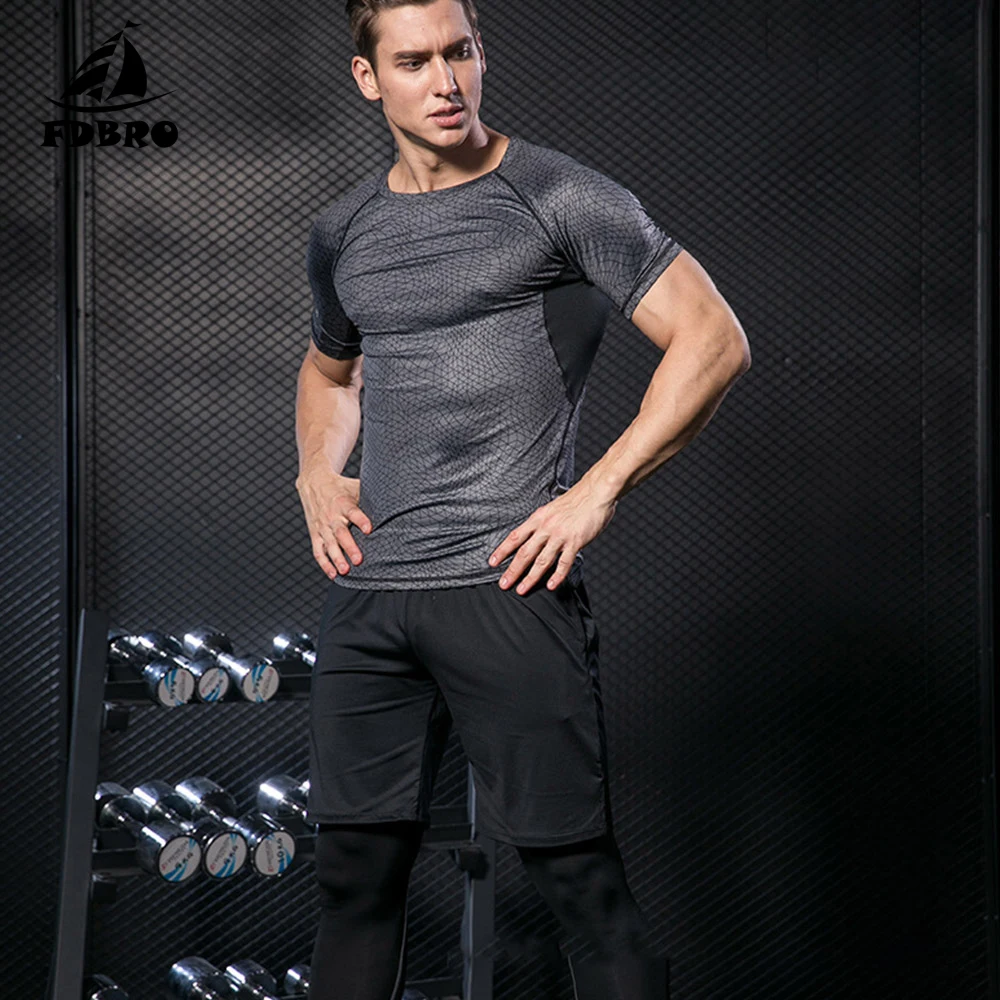 FDBRO Men's Compression Set Running Tights Workout Fitness Training Tracksuit Shirts Sport Suit Kit Running Gym Shirt Men - Цвет: wangge