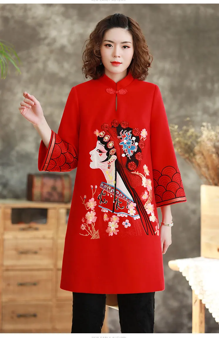 Осенне-зимние шерстяные топы cheongsam с вышивкой в стиле знаменитостей, со стоячим воротником, Свободный пуловер