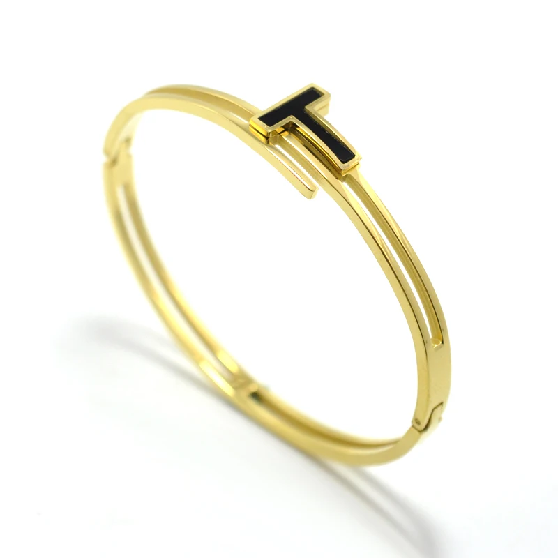

Cuff Lover Bangle For Women Gold-Color Stainless Steel Jewelry Luxury Brand Inlay Resin Black T Letter Bangles Bracelets