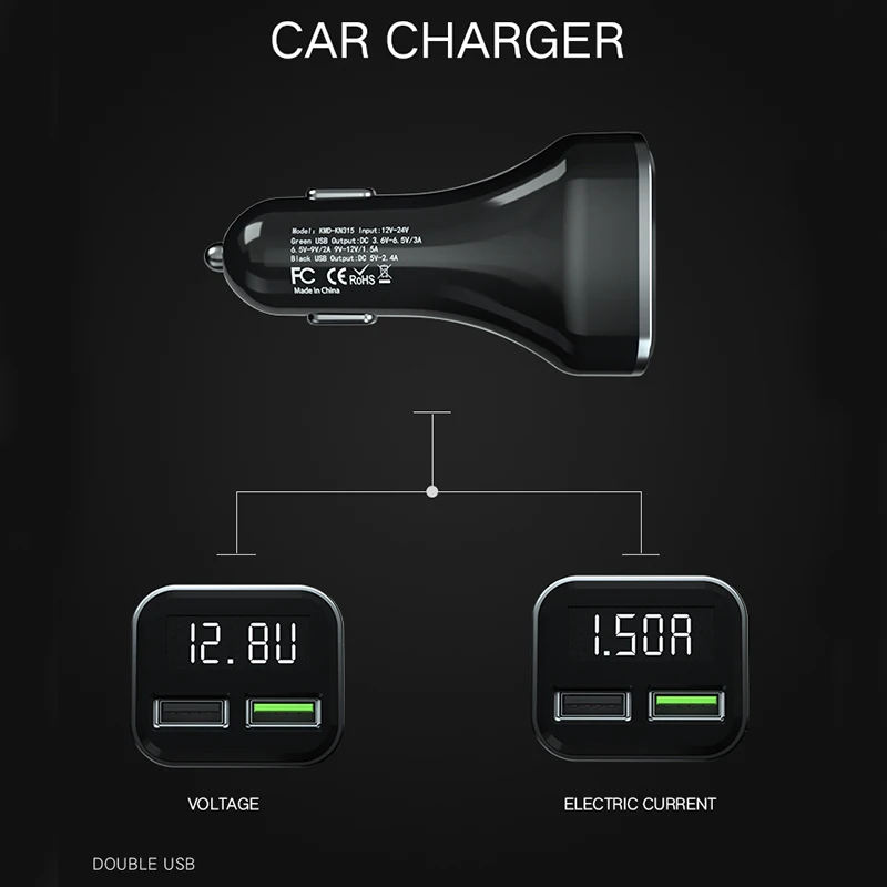 Дропшиппинг автоматическая зарядка QC3.0 3.1A двойной Переходник USB для зарядки в машине 2 порта ЖК-дисплей 12-24 В прикуриватели
