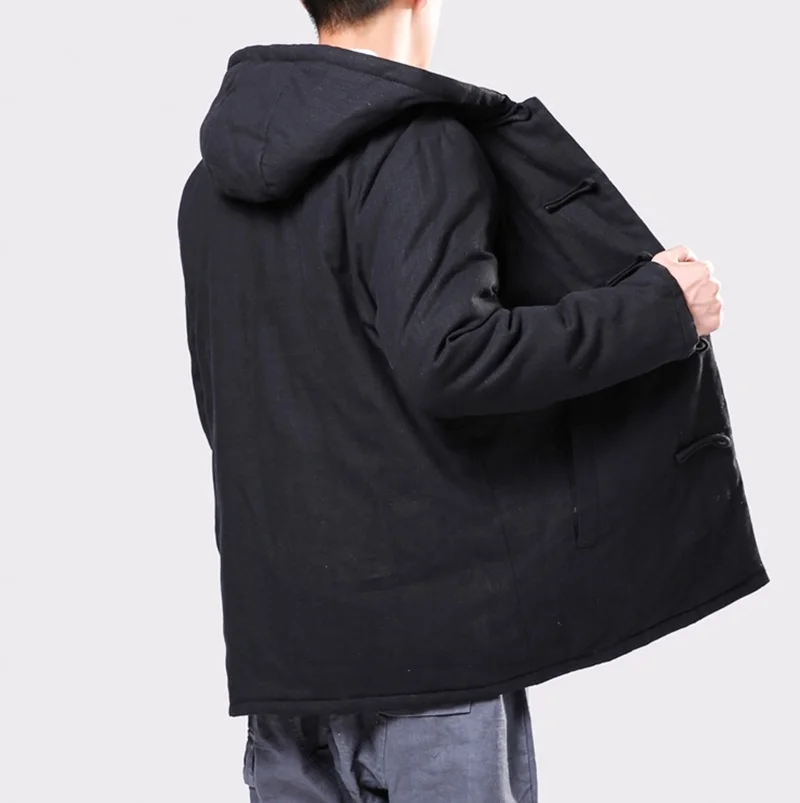 Vintage Style Hooded Men Parkas Cotton Winter Button Up Trench Long Sleeve Outerwear Padded Retro Men Jackets Coats KK3062