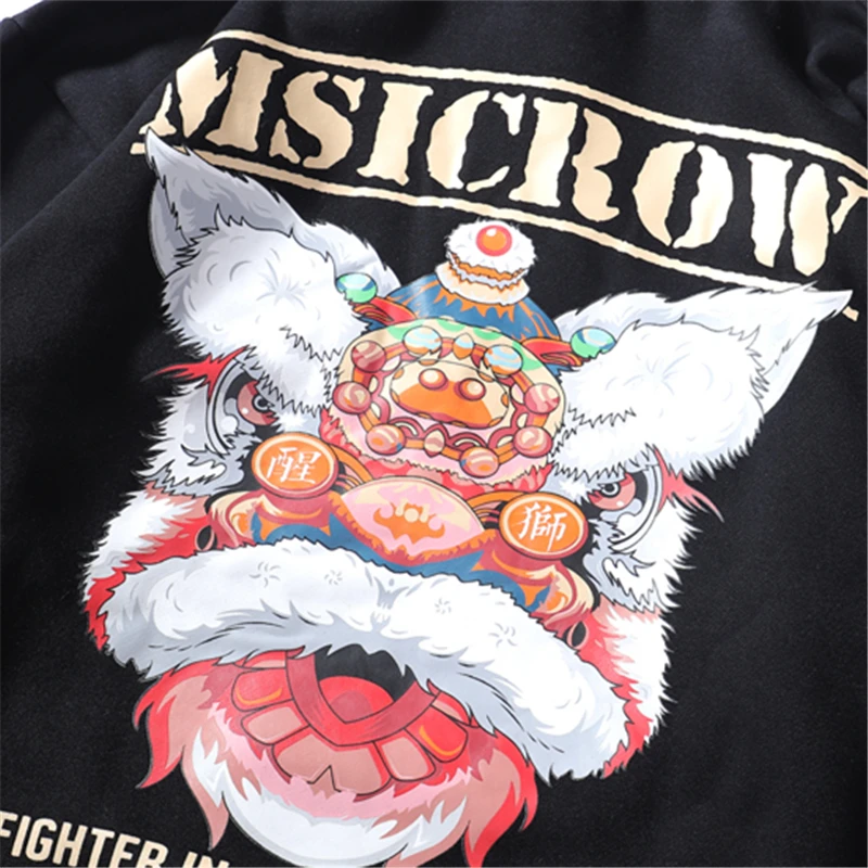 Bebovizi Hip Hop Lion Dance Print Fleece Hooded Sweatshirts Chinese Style Pullover Streetwear Mens Casual Hoodies