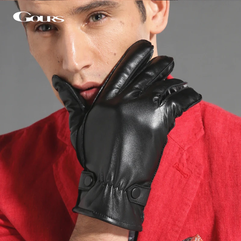 

Gours Winter Genuine Leather Gloves Men Black Real Goatskin Finger Gloves Fashion Driving Mittens Warm Button New Arrival GSM033