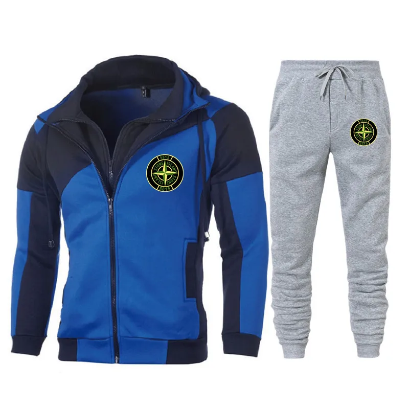 

Spring and Autumn Brand Men's Two-Piece Striped Sportswear Men's Full Sleeve Top with Hood + Outdoor Sports Pants Tracksuit Set