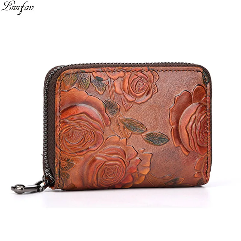 

Women Flower Pattern Zipper Short Wallet Credit ID Card Holder Genuine Leather Female Coin Pocket Clutch Money Bag Bifold Purse