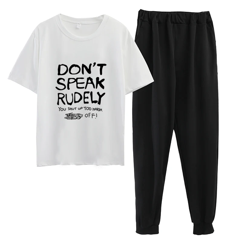 

2020 New Summer Casual Sportswear Women Short T Shirt Long Pants Two Piece Set Printed Letter Female Pure Color Plus Size Sets