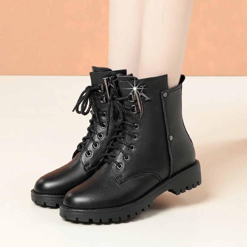 A142!New winter full leather round toe women's Martin boots cowhide mid-heel thick heel lace-up cotton boots women's shoes.