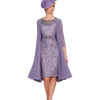 

Delicate On Sale Lavender Two Pieces Lace Mother of the Bride Dresses with Coat Knee Length Wedding Guest Gowns Cap Sleeves