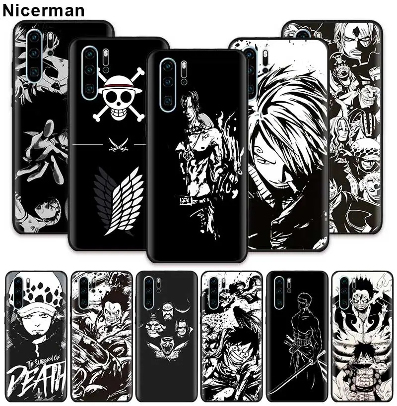 

One Piece Black And White Case for Huawei P20 P30 P Smart Z Plus 2019 P10 P9 Lite Pro Black Soft Silicone Phone Coque Cover