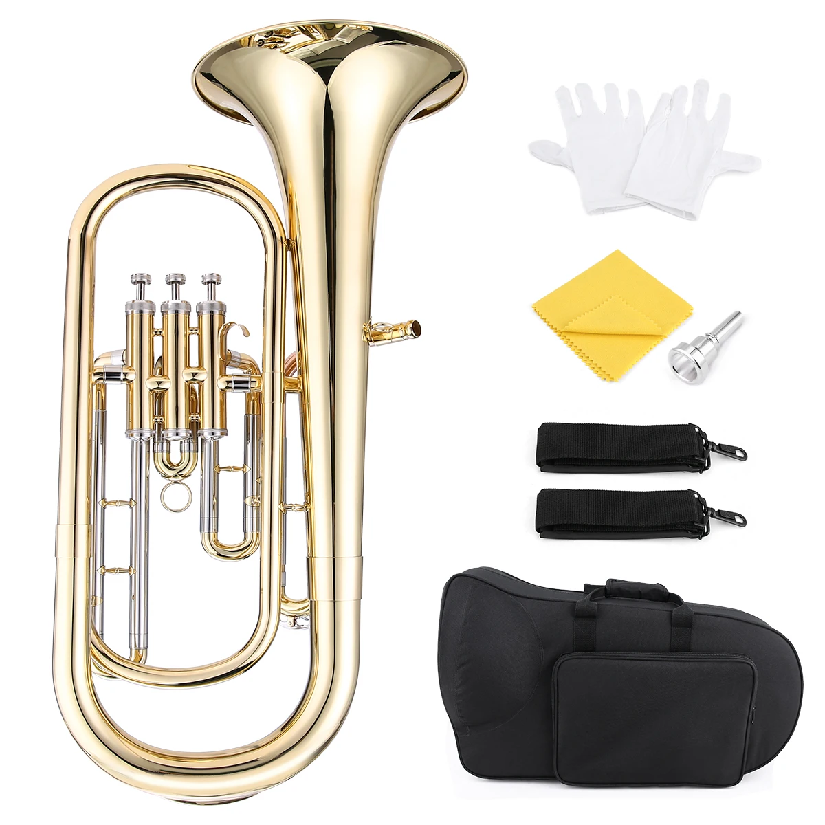 

ammoon Brass B Flat Baritone Horn Bb Piston-Style Gold Lacquer Surface Wind Instrument with Mouthpiece Gloves Cleaning Cloth