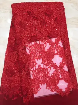 

2019 High Quality Sequins African Nigeria Lace Fabric High Quality Sequins French Tulle Lace Fabric For Wedding Party red