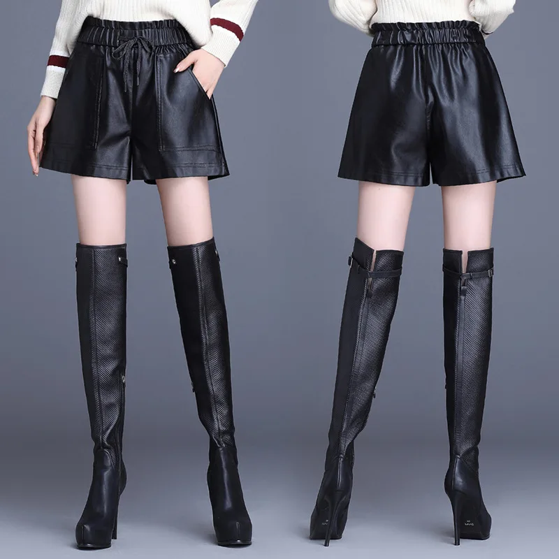 New Autumn Winter High Waist PU Leather Shorts Ladies Black Shorts Women Casual Shorts Plus Size