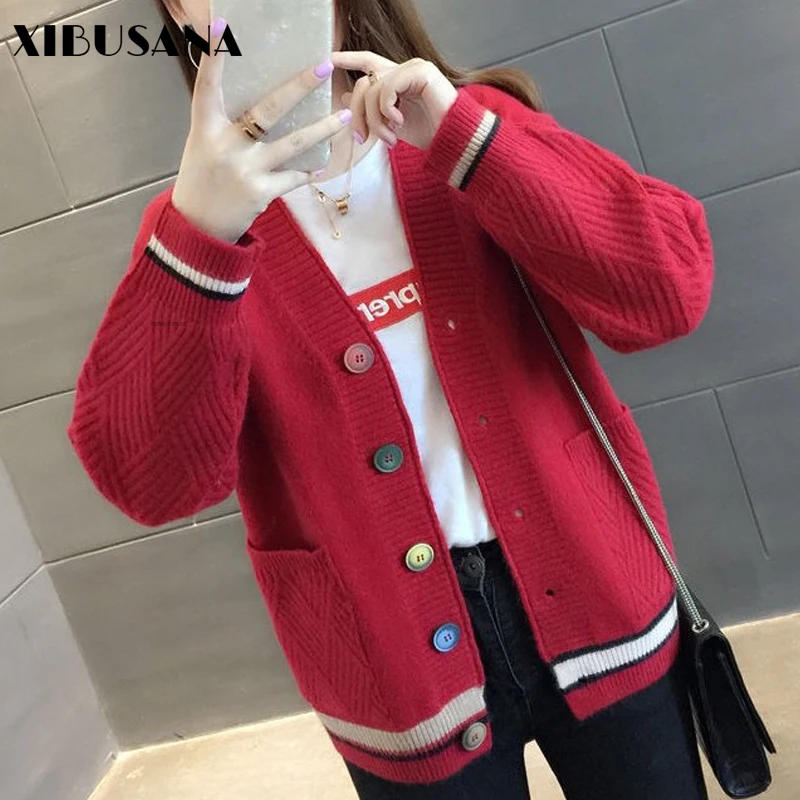 

XIBUSANA Women's 2020 Loose Spell Color V-Neck Single Breasted Sweaters Casual Solid Pocket Long Sleeve Cardigans Coat Female