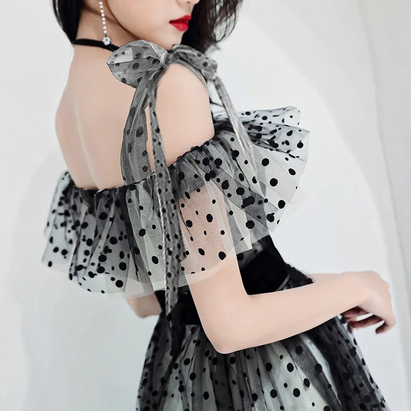 spaghetti strap Вечернее платье с оборками и вырезом лодочкой; Robe De Soiree; вечерние платья с открытыми плечами; модные вечерние платья в черный горошек; E078 - Цвет: spaghetti strap