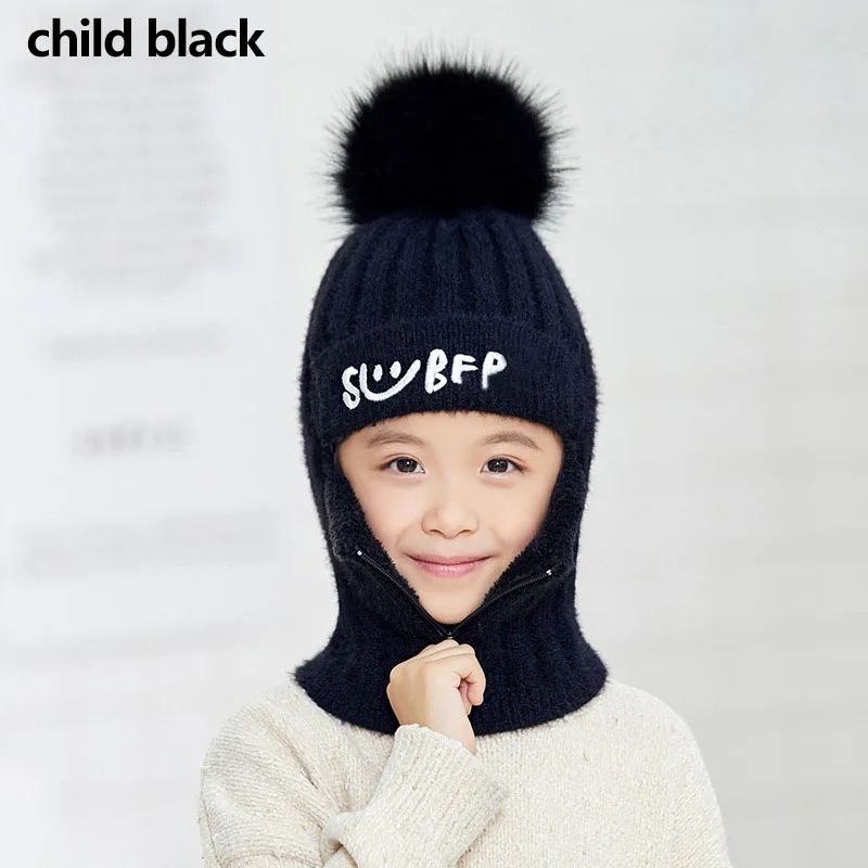 child black Балаклава, зимние меховые шапки с помпоном для женщин, детские шерстяные Вязанные Трикотажные Шапочки для девочек, подходящие шапки, двойная плюшевая ветрозащитная уличная шапка - Цвет: child black