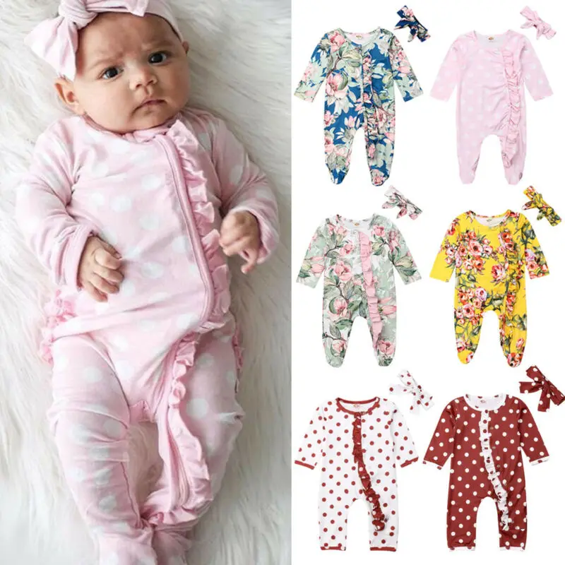 4 Colors Newborn Infant Baby Girl Boys Floral Dot Clothes Romper Jumpsuit Autumn Outfit Set |