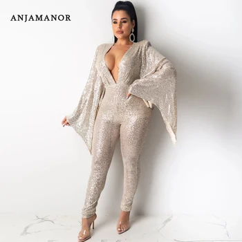 

ANJAMANOR Sexy Glitter Gold Sequin Jumpsuit Party Club Deep V Bat Sleeve Bodycon One Piece Outfit Winter Jump Suites D57-BE13