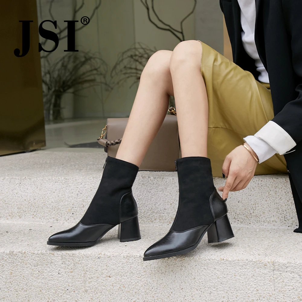 JSI/женские ботинки; обувь до середины икры с острым носком из микрофибры на квадратном каблуке; однотонные зимние классические ботинки ручной работы на молнии на высоком каблуке для женщин; je77