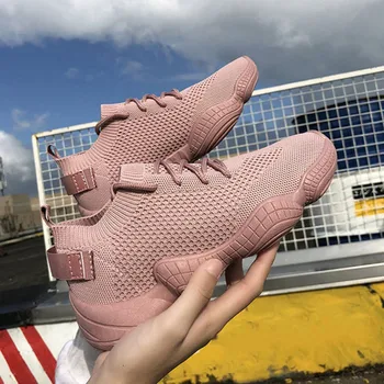 

Sneakers Women Mesh Lace-Up Solid Flat Platform Shallow Stretch Fabric Knited Spring Autumn Wedges Shoes For Women Zapatos De Mu