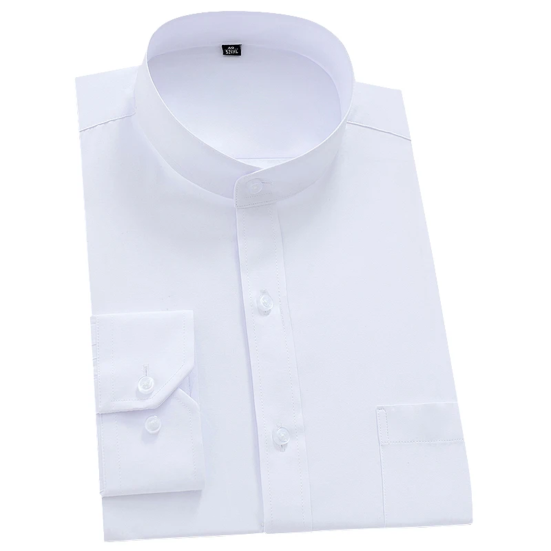 

Social Mandarin Collar Men Dress Shirts White Long Sleeve Formal Shirts Mens Solid Regular Fit Black With Front Pocket Vintage