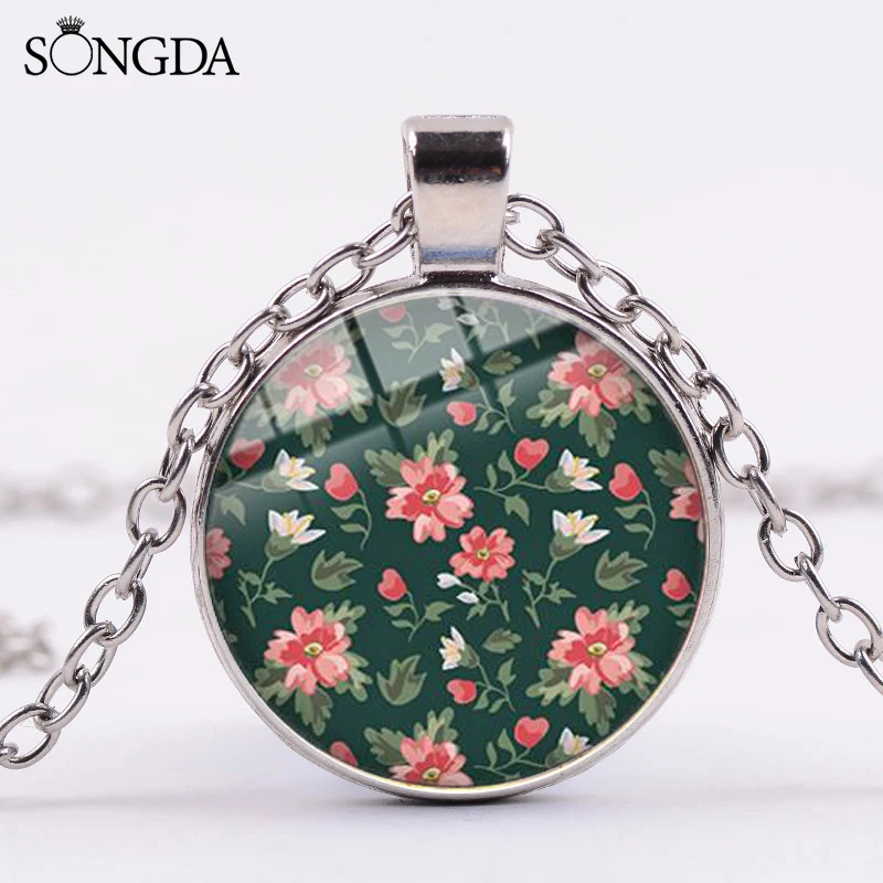 

SONGDA Elegant Vintage Bohemia Flowers Necklace Small Floral Printing Pendant Necklace Handmade Art Photo Glass Cabochon Jewelry
