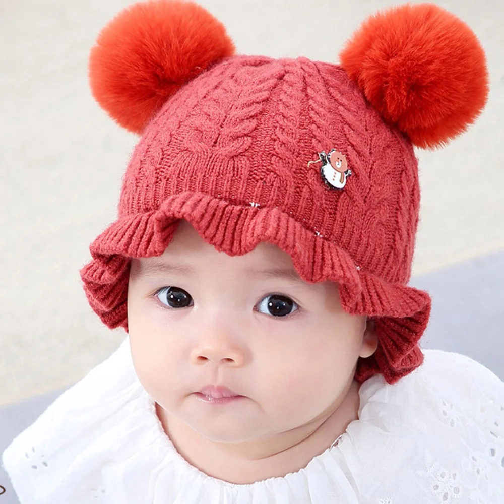 CYSINCOS One Size New Children's Knit Hat Cute Baby Boys Girls Cotton Double Wool Caps Core Wire Jacquard Cartoon Dome Hair Ball