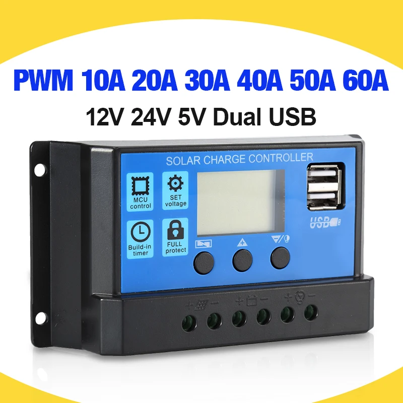 60A/50A/40A/30A/20A/10A Solar Charger Controller 12V 24V Auto PWM Controllers LCD Display 5V Dual USB Output Controller|Solar Controllers| - AliExpress