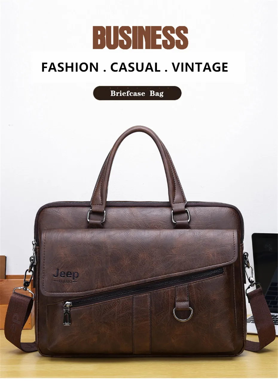 JEEP BULUO Men Briefcase Split Leather Laptop New Bag 14" PC Doctor Lawyer Computer Bag Totes Male Vintage Business Men Bags