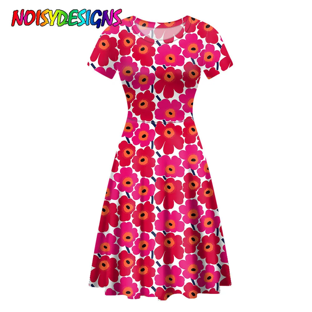 

NOISYDESIGNS Red Poppy Flower Pattern Printing Fahsion Short Tops Dress For Women O-Neck Soft Beach Casual Lady Sleeves Vestidos