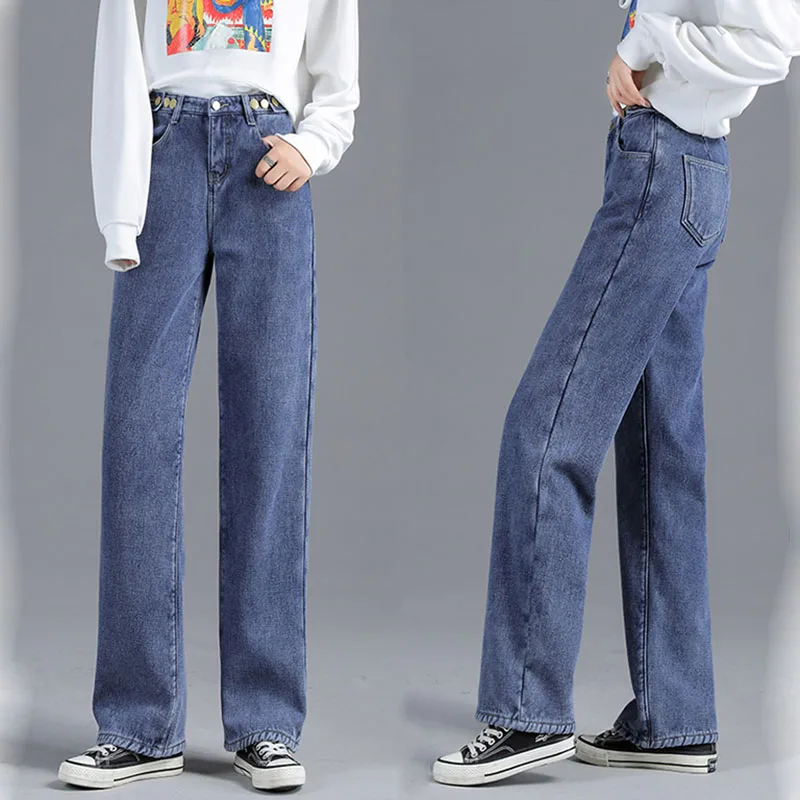 Winter Jeans Women Velvet Fleeces Inside Thickening Denim Pants High Waist Wide Leg Warm Trousers Female Plus Size amiri jeans