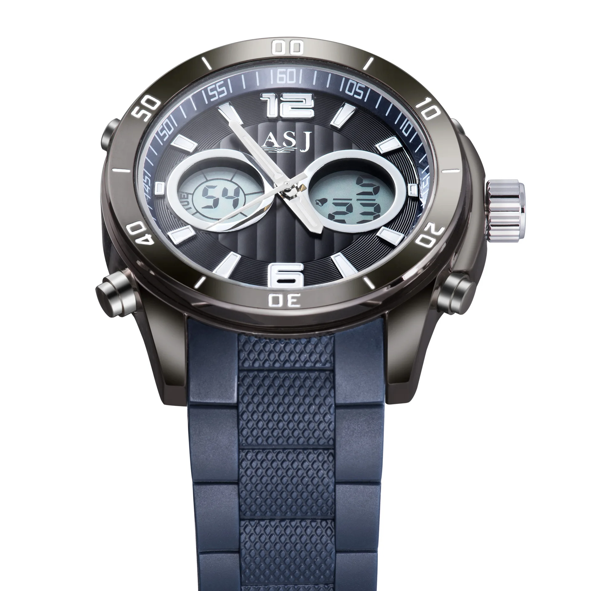 

ASJ Watch Multi-functional Waterproof B118 Dual Display Silica Gel Dial Date Seconds Night Light Hands