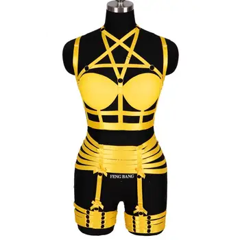 

Festival Rave Women Lingerie Set Cage Body Underwear Top Pentagram Cup Bra Elastic Garter Bowknot Leg Suspender Yellow Harness