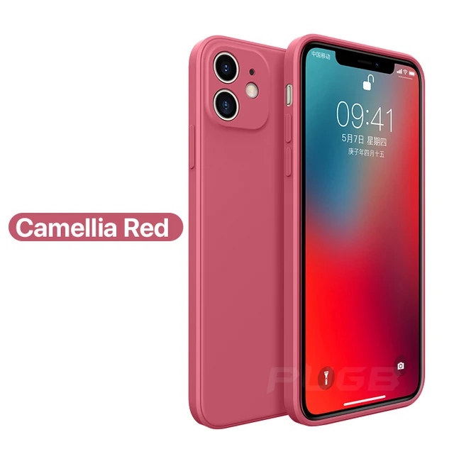 Luxury Square Frame Soft Liquid Silicone Case For iPhone 12 11 13 Pro Max Mini X Xr Xs SE 2 2020 6 6s 7 8 Plus Shockproof Cover Camellia Red