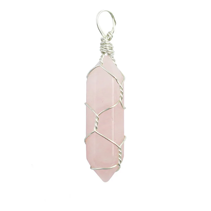 Natural Stone Wire Wrap Hexagonal Opal Amethysts Pink Quartz Crystal Chakra Reiki Healing Pendants Necklace Jewelry Making