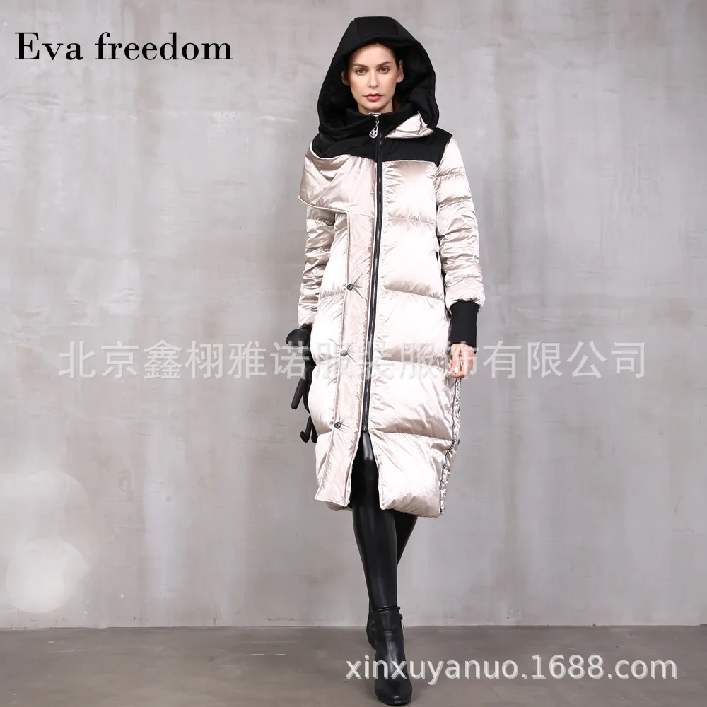 khaki Eva Freedom, зимнее свободное пуховое пальто с капюшоном, длина до колена, женская мода, яркий материал, пуховики с капюшоном для женщин - Цвет: khaki