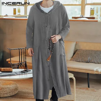 

INCERUN Chinese Style Men Trench Coats Cotton Hooded Button Pockets 2020 Long Outerwear Vintage Long Sleeve Men Casual Jackets