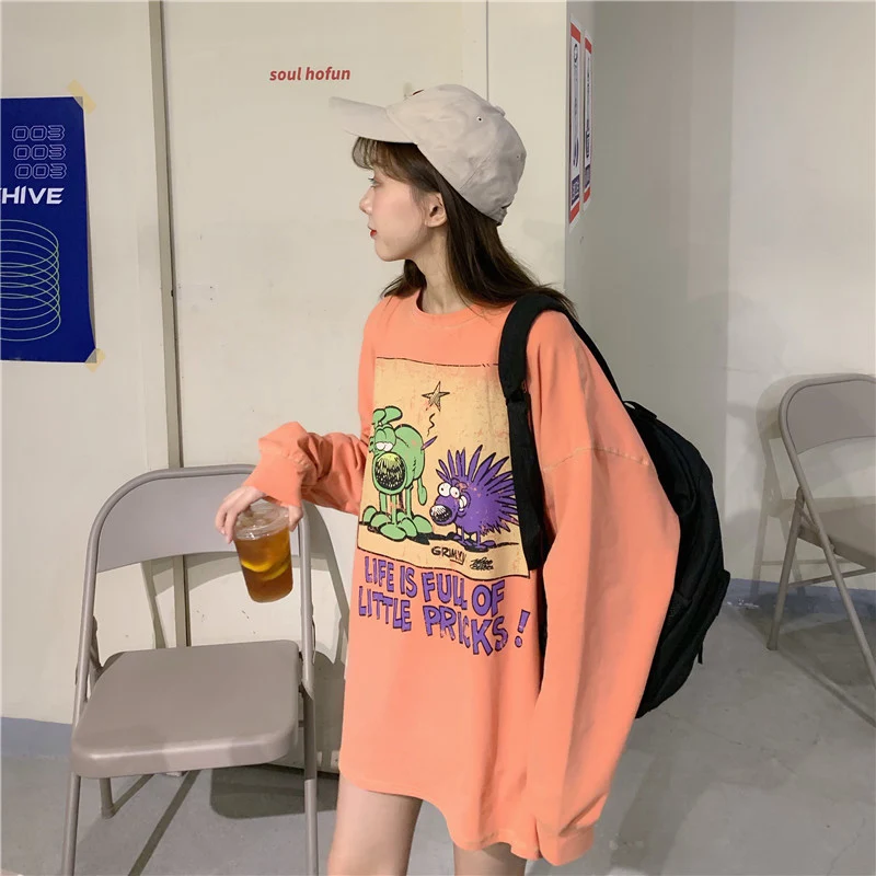 Топы женские осенние тонкие Harajuku забавные мультяшные свободные футболки с длинным рукавом модные свободные повседневные женские футболки с высоким воротом