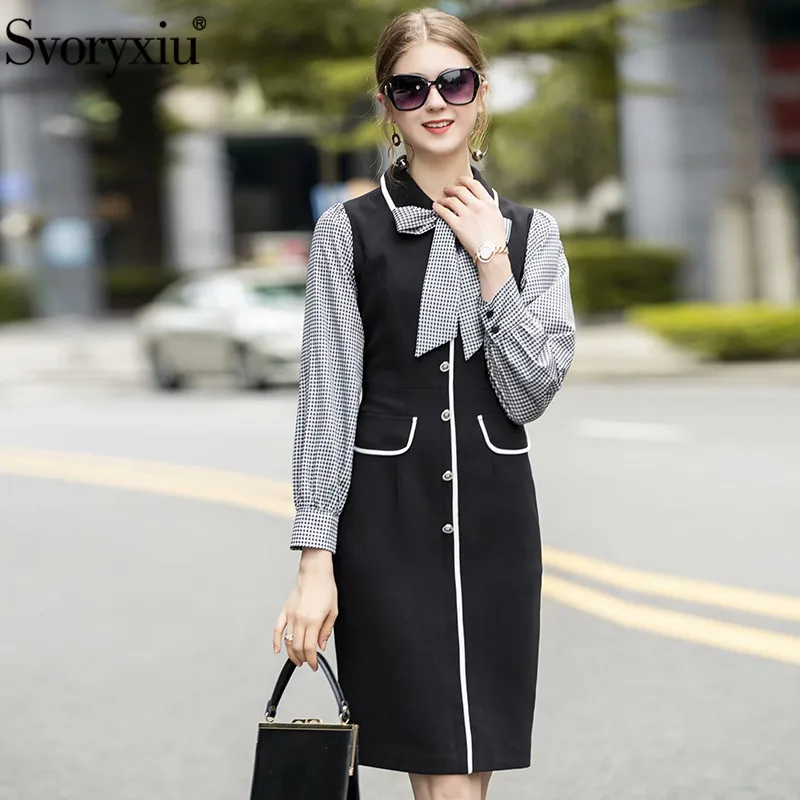 

Svoryxiu Runway Designer Autumn Long Sleeve Dress Women's Black Patchwork Houndstooth Printed Office Lady Fashion Dresses