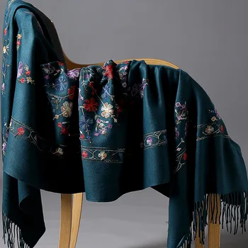 

Oversized New Winter Warm Solid Scarf For Women/Lady Soft Cashmere Pashmina Shawls Flower Embroidery Cashmere Female Wraps Capes