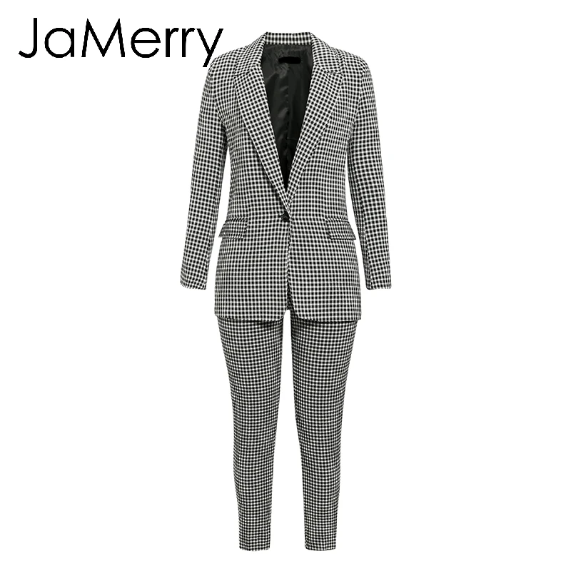 Black Suit JaMerry, винтажный Повседневный женский розовый клетчатый Блейзер, Осенний однобортный костюм с длинным рукавом, женские офисные штаны, костюмы, зимняя верхняя одежда - Цвет: Black Suit