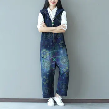 

Lady New Retro Hooded Denim Jumpsuit Women Zipper Jumpsuit Summer 2020 Loose Rompers Womens Printed Denim Jumpsuit