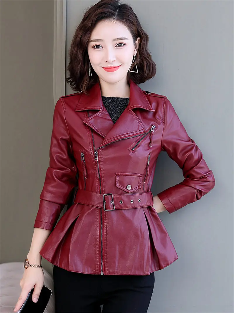 Chic Belt Motorcycle Leather Jacket Female Short Coat 2019 Autumn New Korean Fashion Lapel Slim PU Mujer Chaqueta |