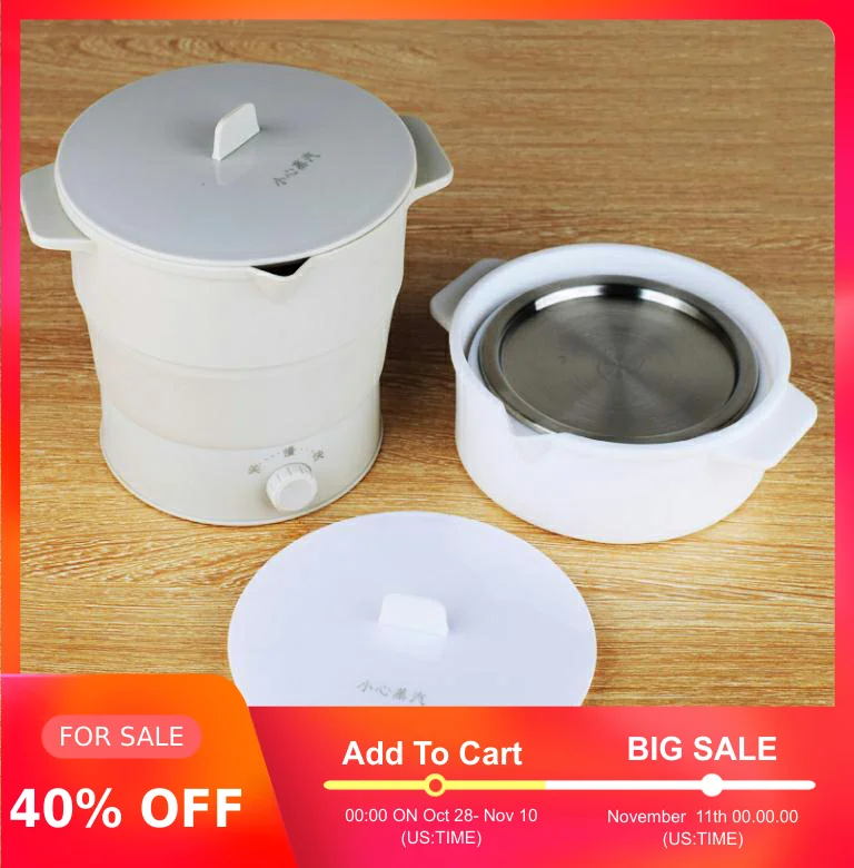 

Creative Silicone Foldable Electric Portable Hot Pot Boil Dry Protection With Dual Voltage Separable Cord Cooker Kettle Steamer
