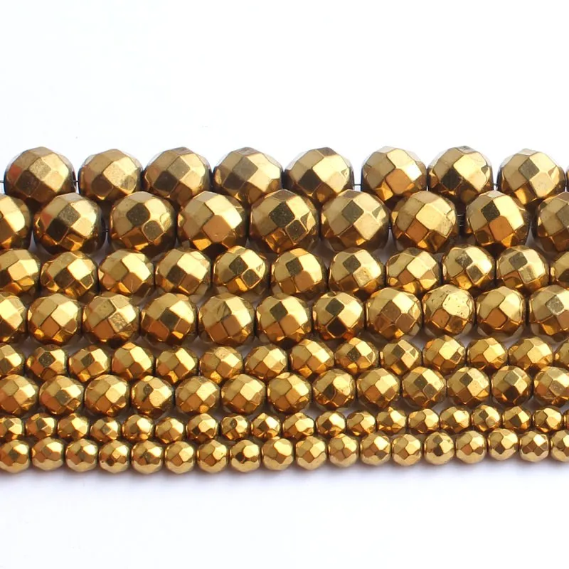 Natural Stone Hematite Round Beads in Gold & Silver Tones for Jewelry Making - 15'' Strand