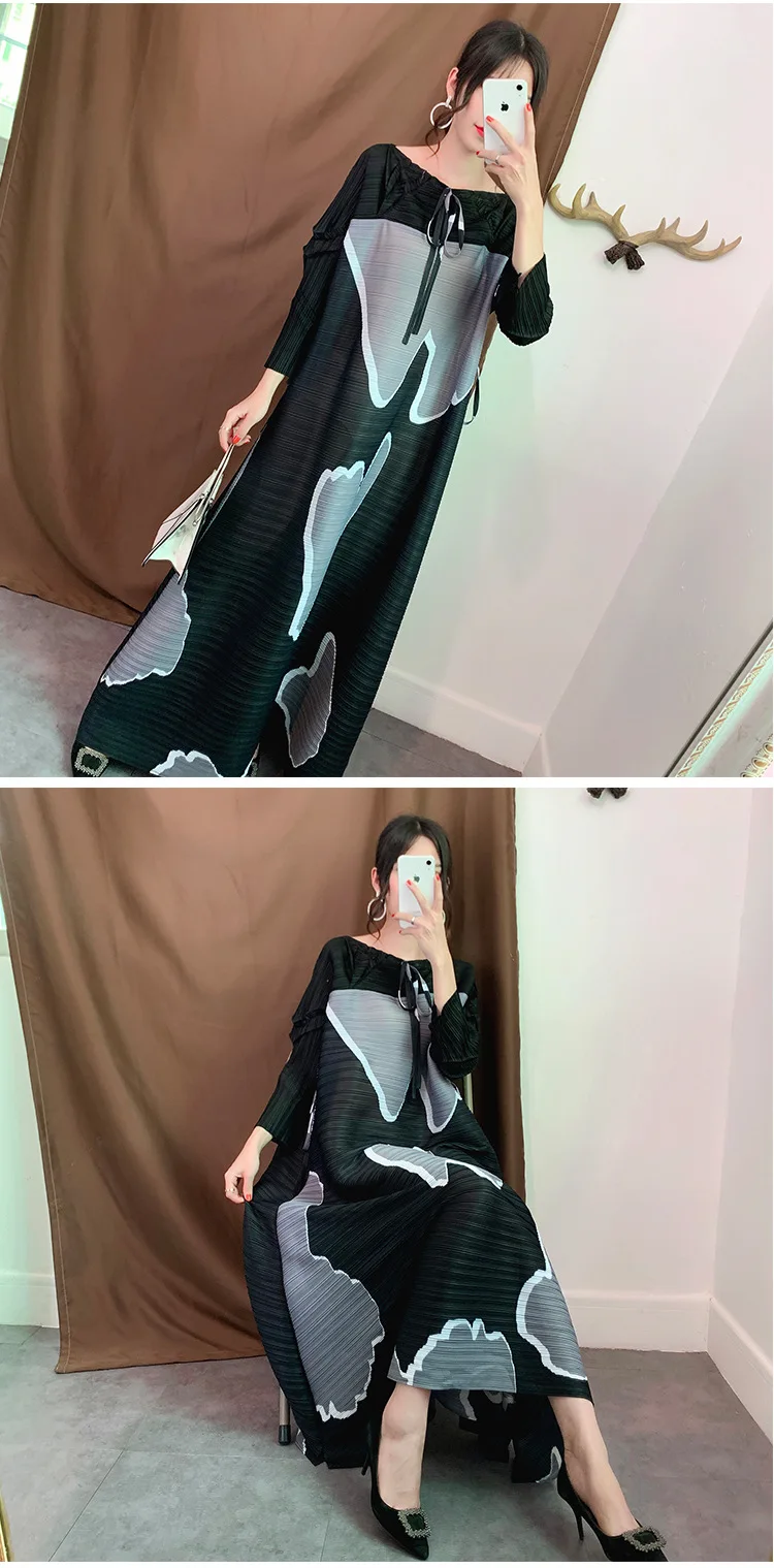 Платье большого размера длинное женское осеннее модное платье с круглым вырезом и рукавами три четверти свободное повседневное плиссированное платье Miyake женское